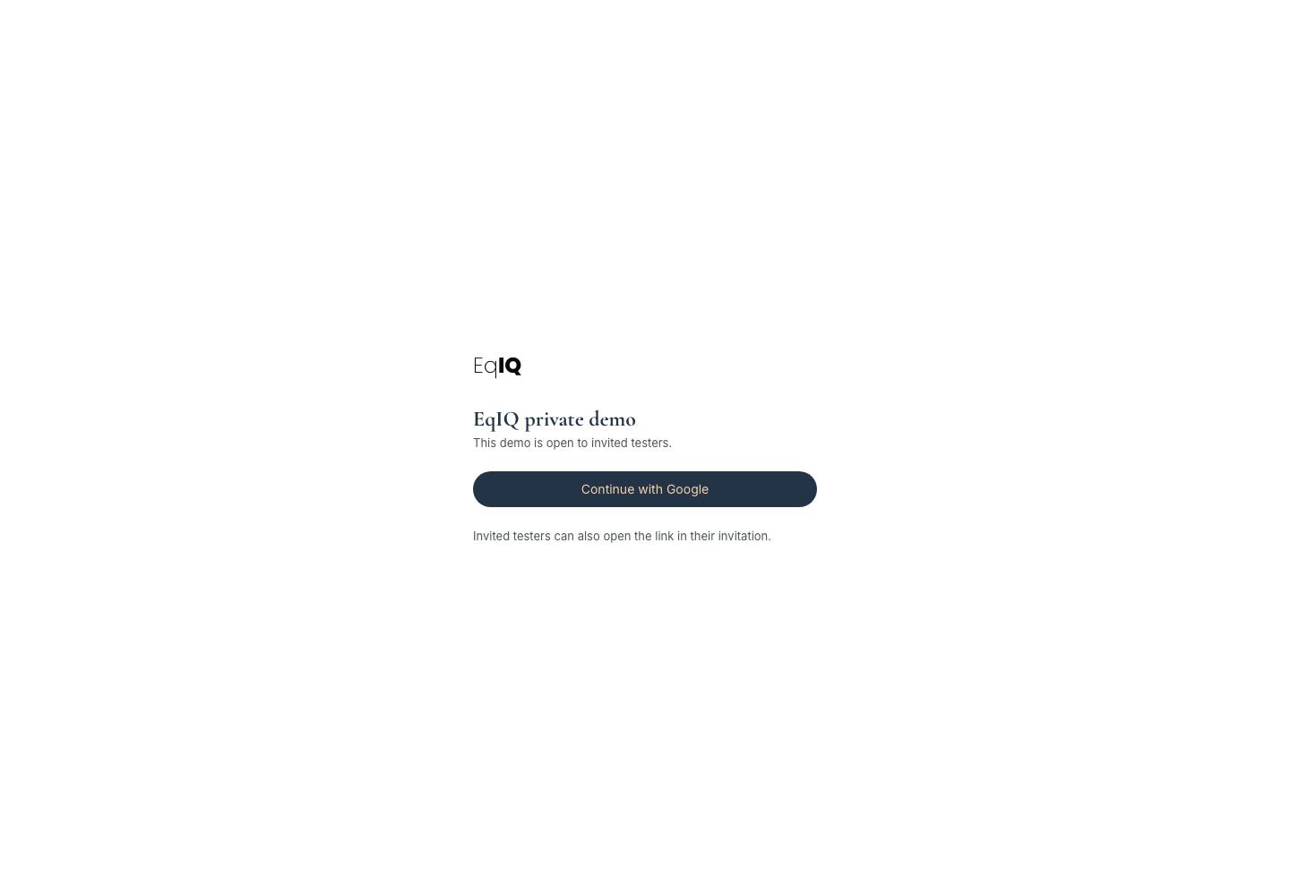 The EqIQ private demo gate with a Continue with Google button