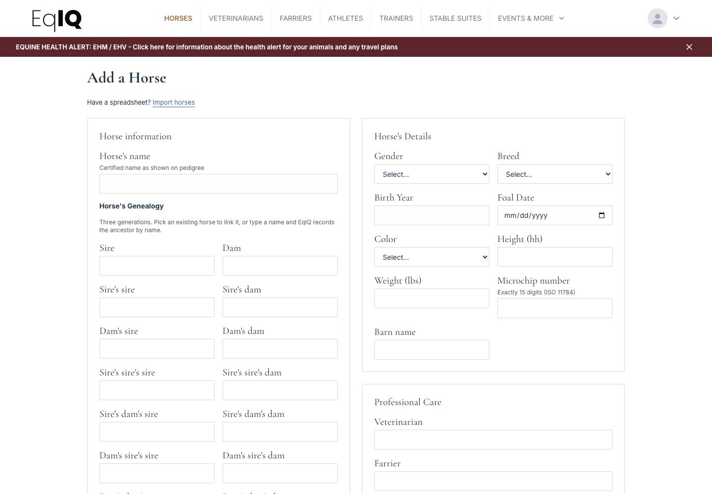 The Add a Horse form with name, four generations of pedigree, details and professional care fields