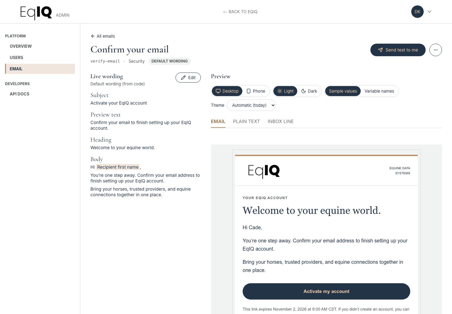 The admin email page for Confirm your email, with editable wording on the left and a live preview of the branded email on the right