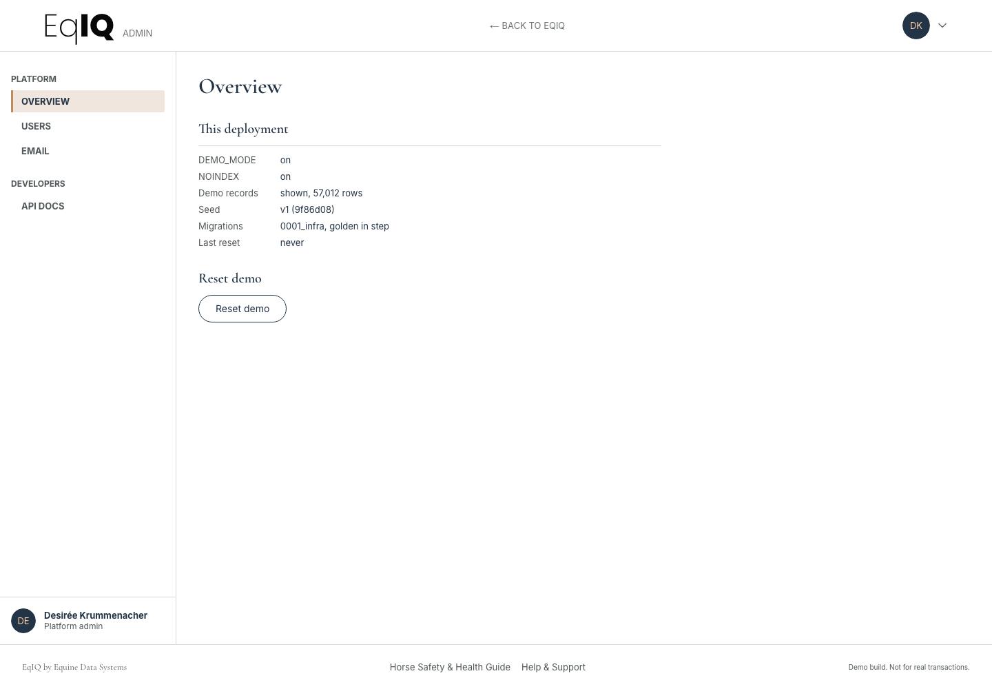 The admin overview showing deployment settings, demo record counts and a Reset demo button