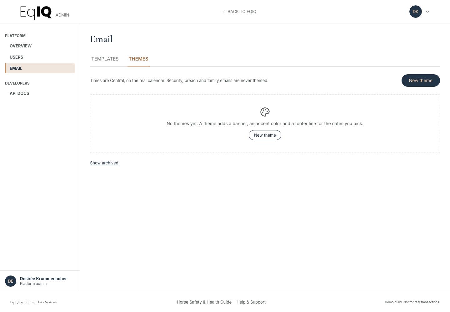 The email themes tab, ready for a first seasonal theme