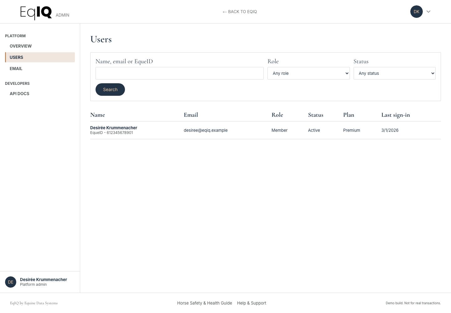 The admin users page with search by name, email or EqueID and a table of users