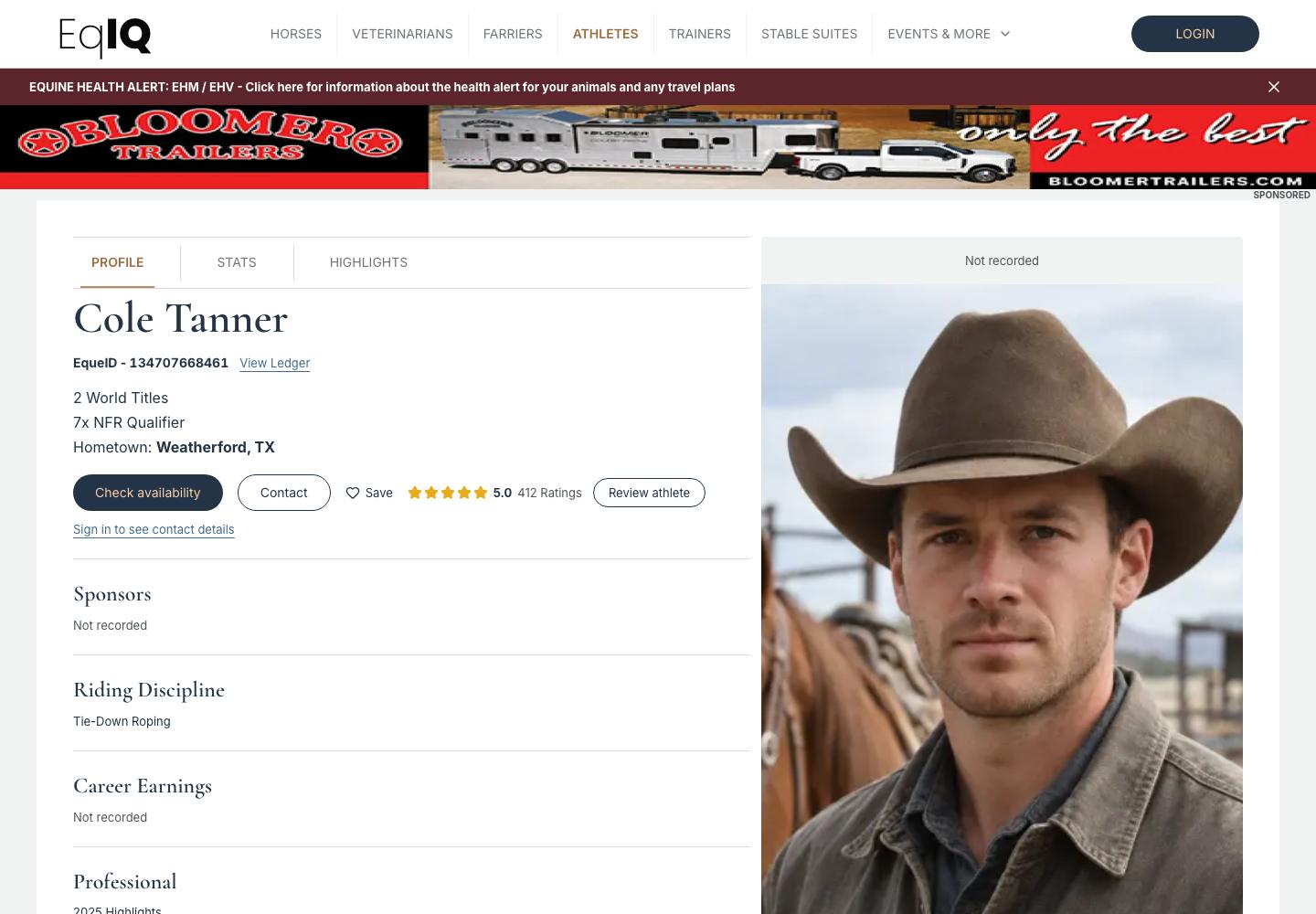 Cole Tanner's athlete profile with world titles, hometown, riding discipline and a portrait