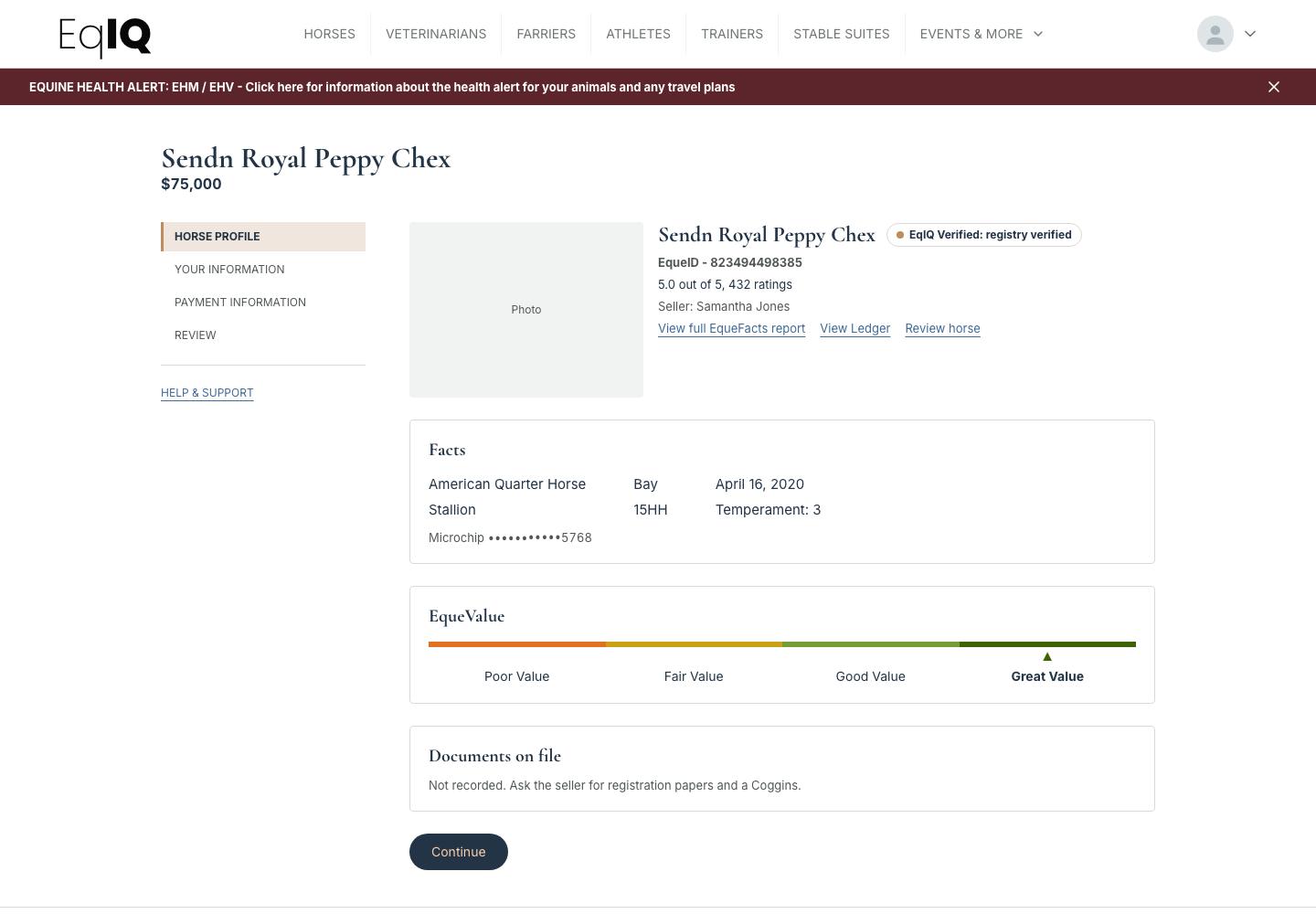 The purchase flow, step one: the horse profile with facts, EqueValue and documents on file, and a Continue button