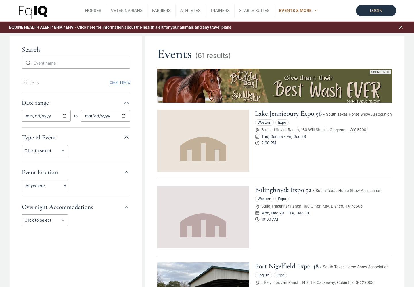 The events list with date, type and location filters and 61 results