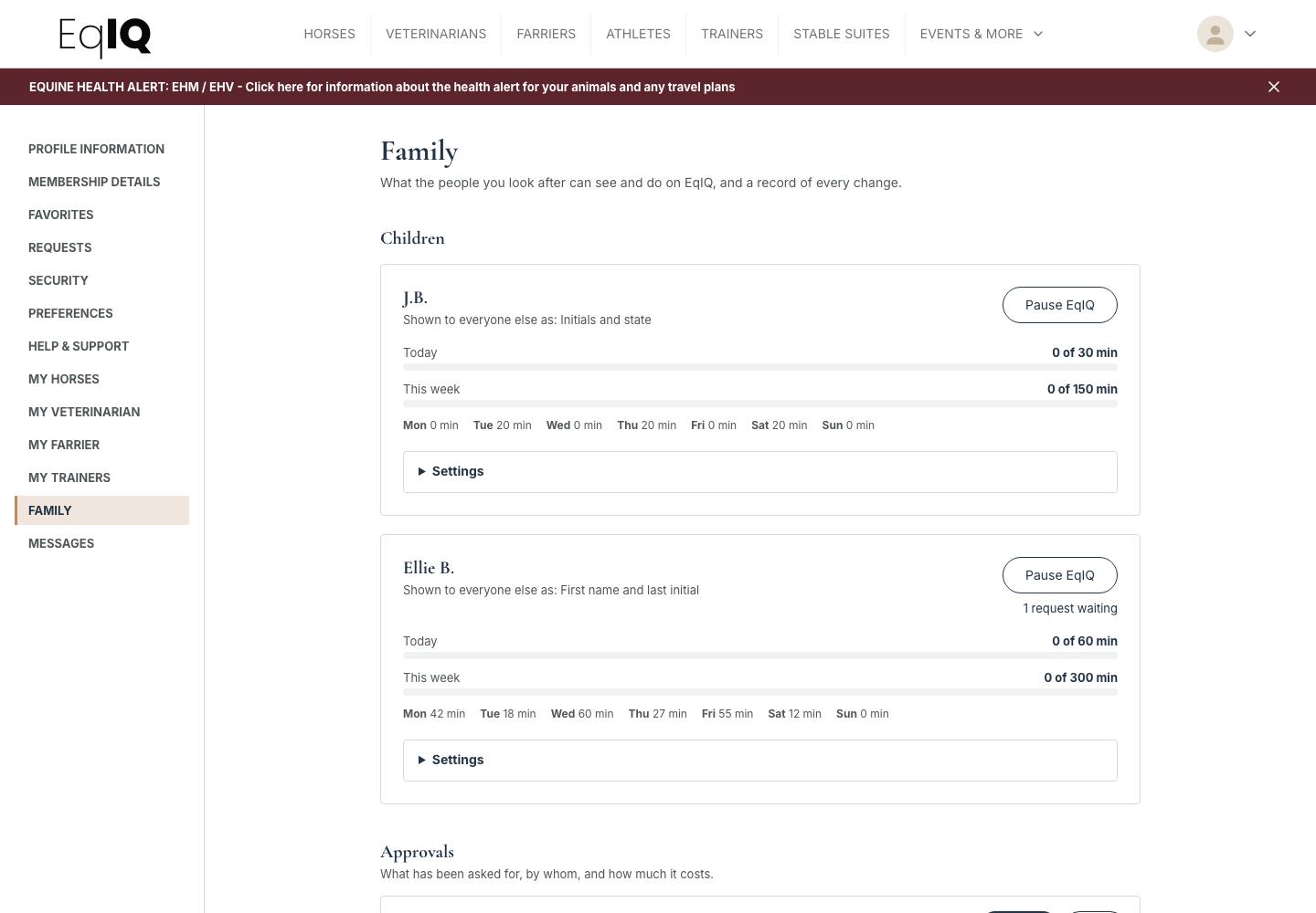 The Family page showing two children with name display settings, daily and weekly time limits, a Pause button and pending approvals