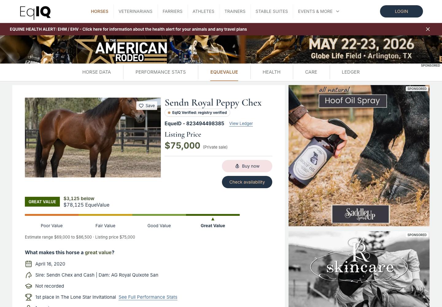 The EqueValue tab showing a value gauge from Poor to Great Value with an estimate range
