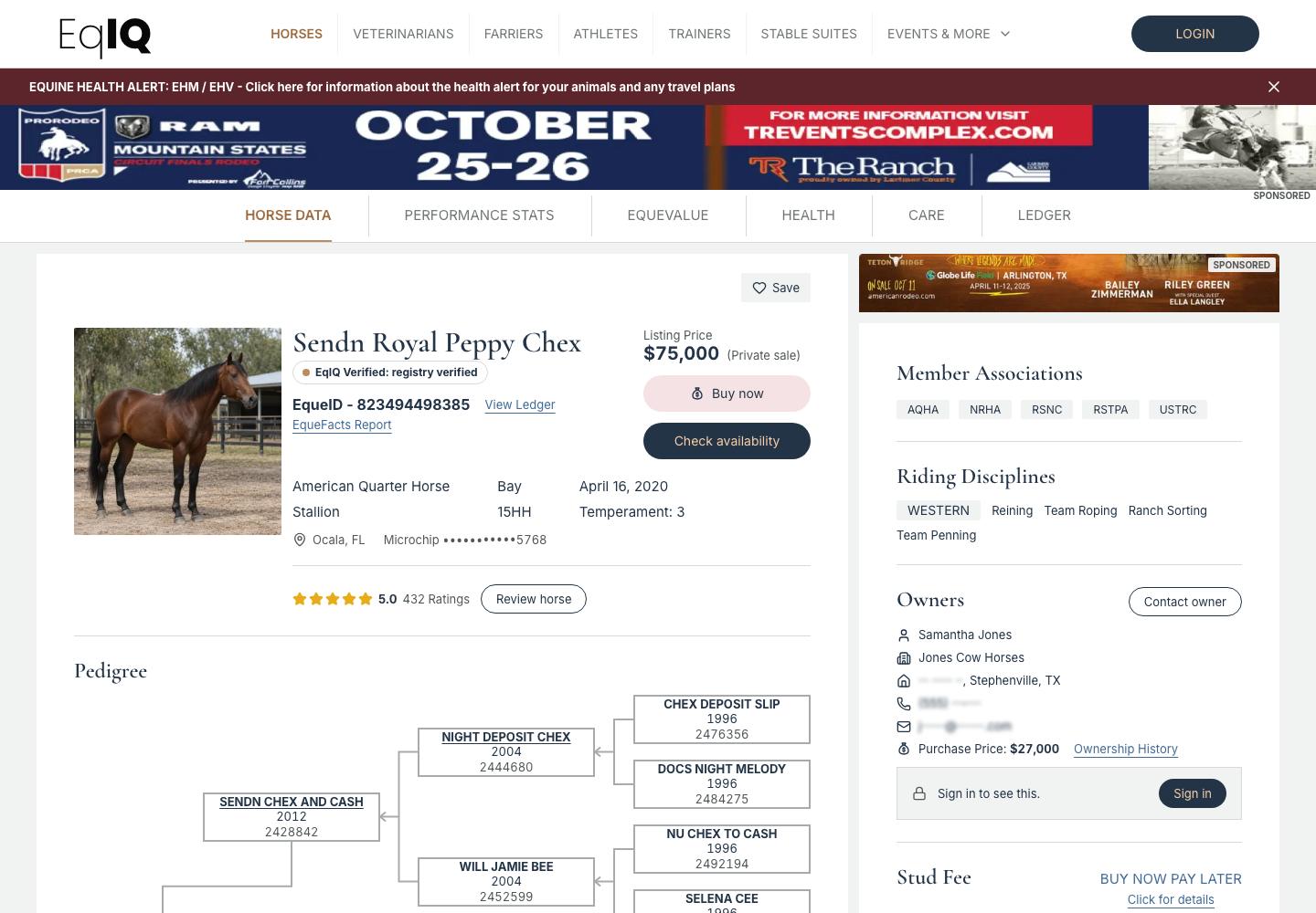 The horse page for Sendn Royal Peppy Chex with photo, EqueID, price, facts, ratings and a pedigree tree