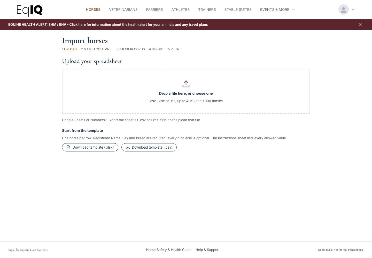 The Import horses page: upload a spreadsheet, match columns, check records, import, refine