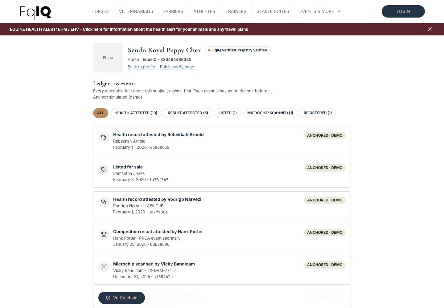 The ledger page listing 18 events for a horse, each marked anchored, with a Verify chain button