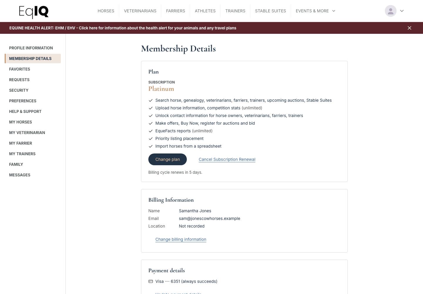Membership Details showing the Platinum plan, what it includes, billing information and payment details