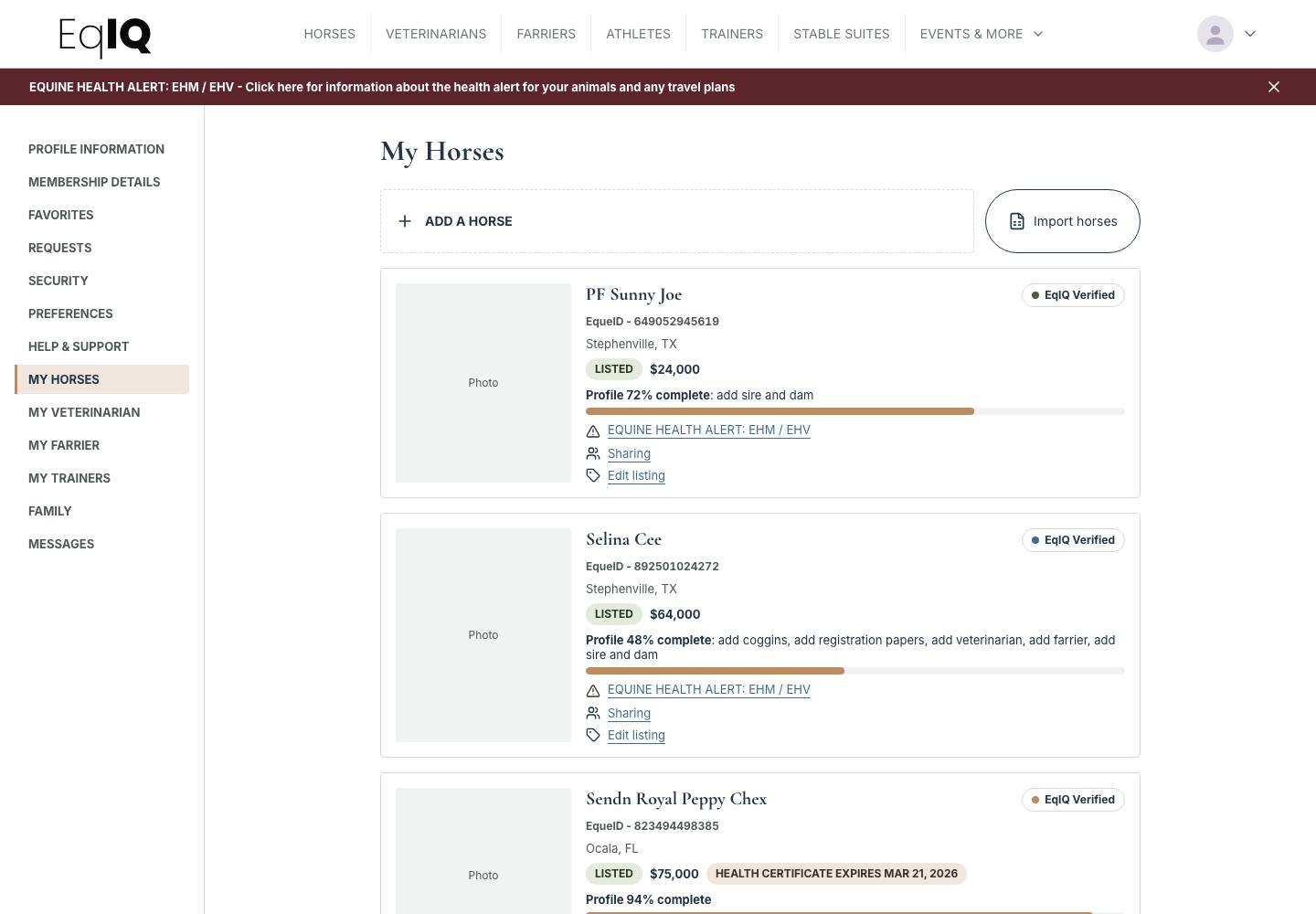The My Horses page with an Add a Horse button, an Import horses button and horse cards showing profile completeness