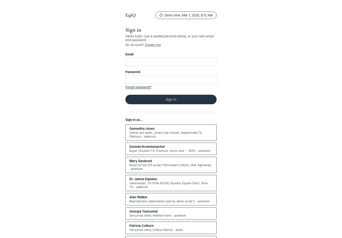 The sign-in page with email and password fields and Sign in as buttons for twelve demo personas