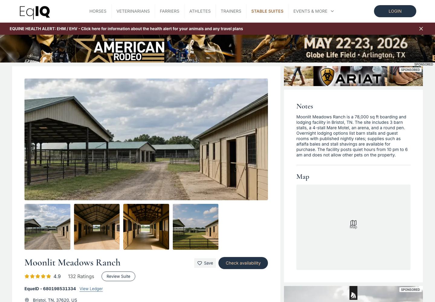Moonlit Meadows Ranch stable suite page with a photo gallery, notes and a map