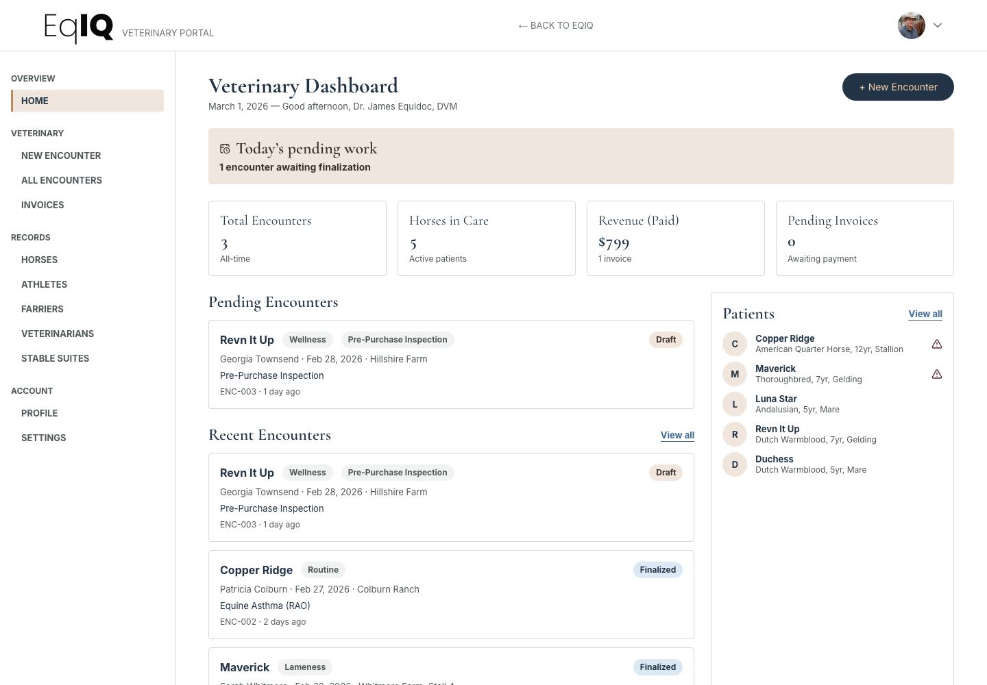 The veterinary dashboard with today's pending work, totals, pending encounters and a patient list