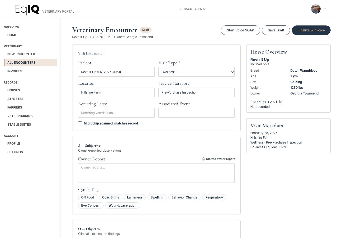 A veterinary encounter form with visit information, SOAP sections, quick tags and a Finalize and Invoice button