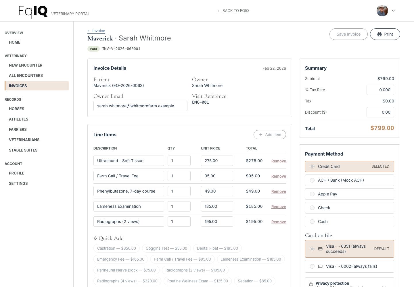 A paid veterinary invoice with line items, quick-add services, totals and payment methods