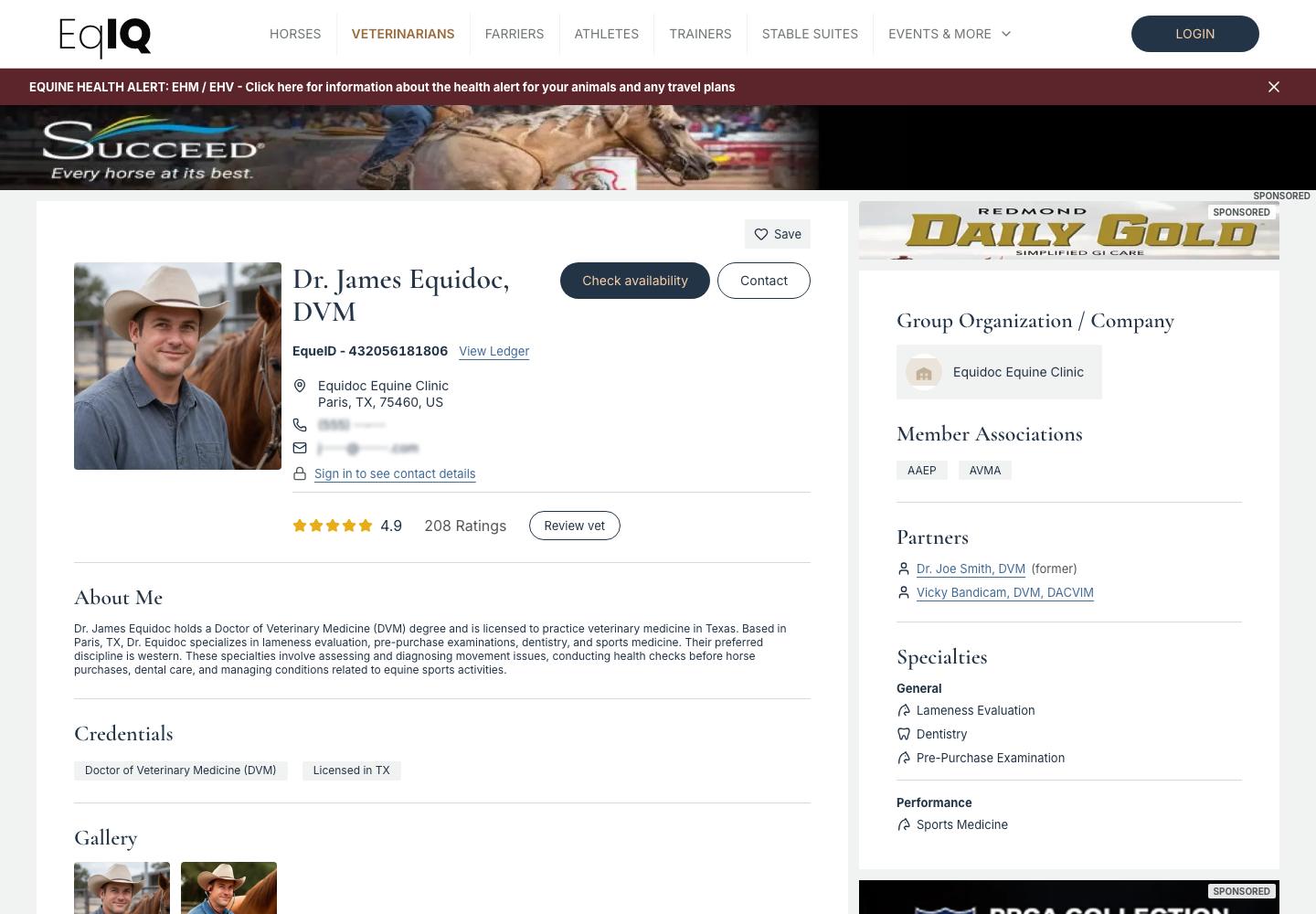 A veterinarian's profile page